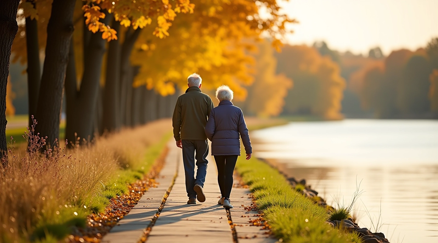 Seniori staigā pa akmens krastmali ar skatu uz upēm un kokiem