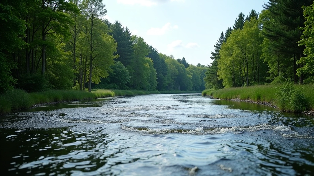 Gauja upe ar bāltiem ūdeņiem, meža fons, kalni vidusdienā, spilgts saulāns dienas gaisma