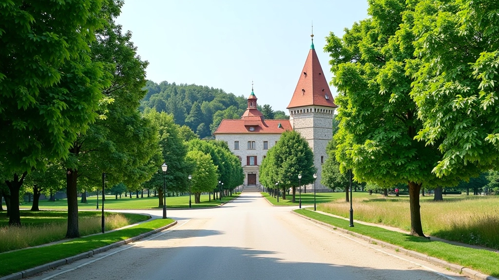 Siguldas Pils parks ar plašu stāvvietu laukumu, zaļajiem kokiem un pastaiga ieejas punktu, skaista vasaras diena